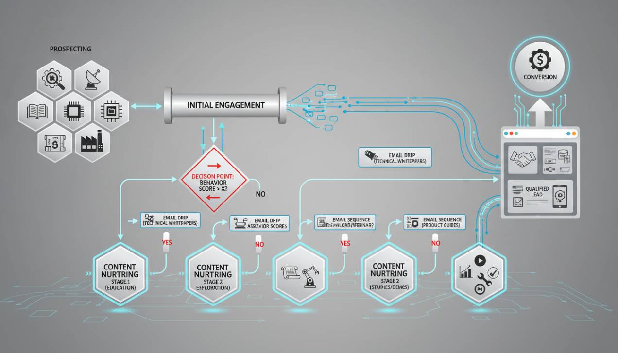 Diagrama de fluxo de automação de marketing para o setor industrial B2B, mostrando a jornada do lead da prospecção à conversão com etapas automatizadas de nutrição de conteúdo e integração com vendas.