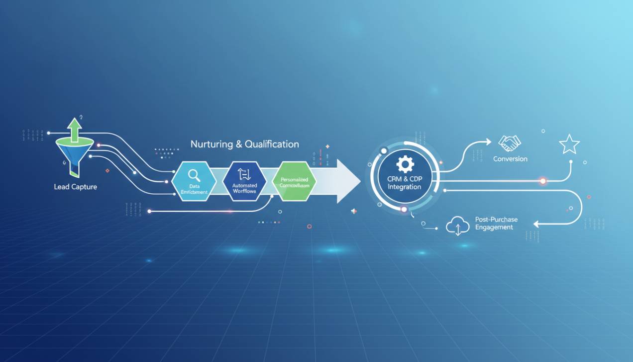 Diagrama ilustrando o fluxo de automação de marketing para a indústria, desde a captação de leads até a conversão final, otimizando a jornada do cliente B2B.