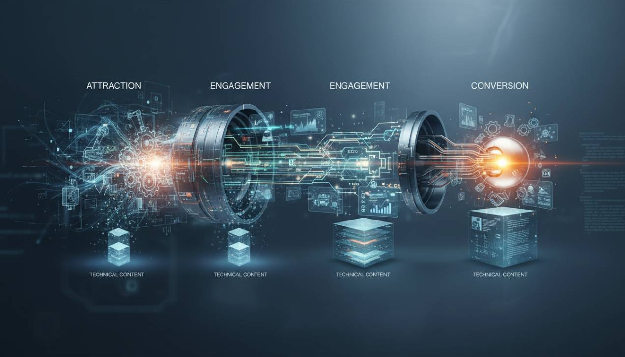 Representação visual do funil de vendas B2B industrial, mostrando as etapas de atração, engajamento e conversão de leads para produtos técnicos, com foco na jornada do comprador complexa e a necessidade de conteúdo técnico.