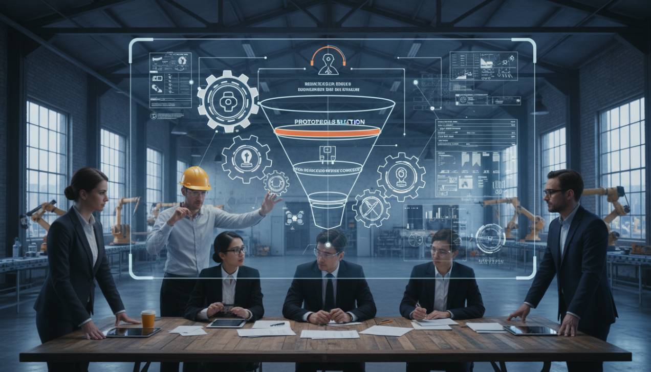Profissionais de marketing e engenheiros colaborando em um diagrama de funil de vendas B2B industrial, representando o alinhamento de estratégias de marketing com objetivos comerciais técnicos e a complexidade do setor