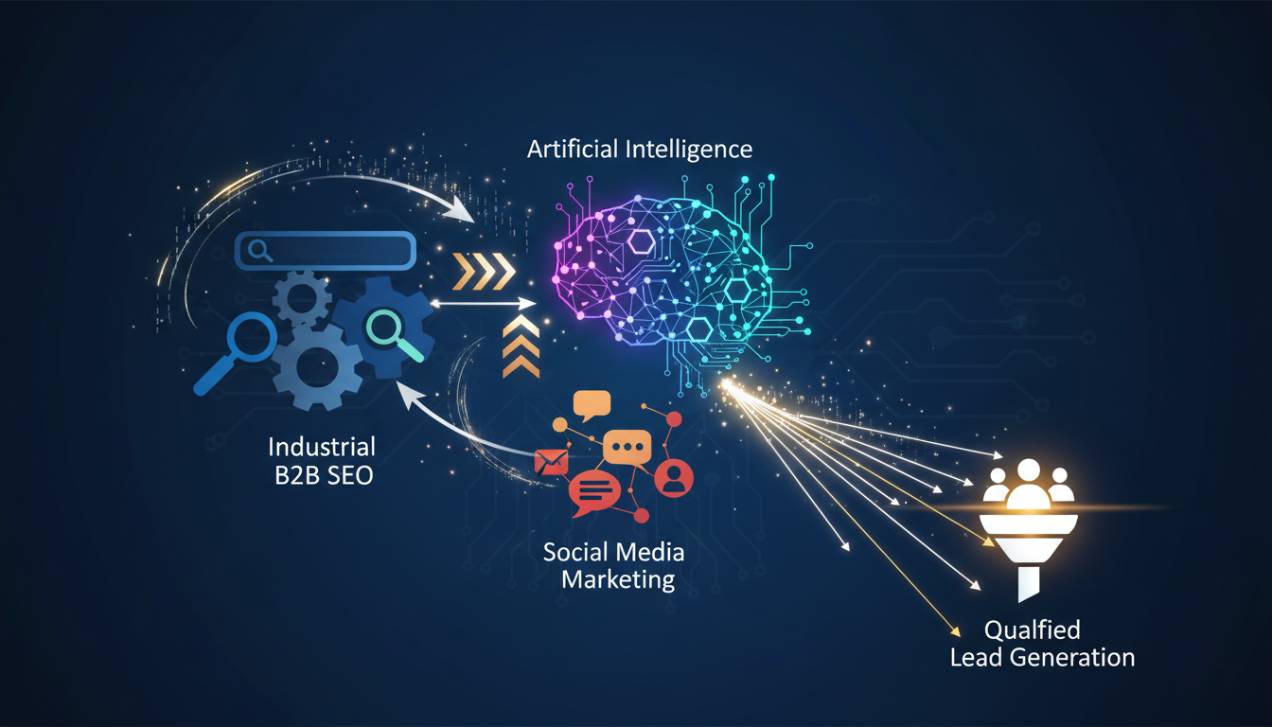 Gráfico ilustrando a intersecção de SEO, Inteligência Artificial e Redes Sociais no marketing industrial B2B, com setas indicando o fluxo de dados e otimização para gerar leads qualificados.