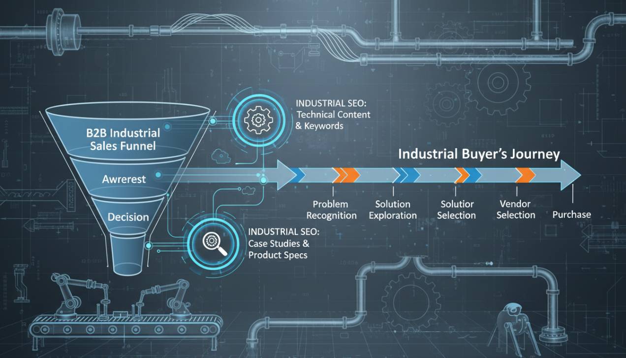 Gráfico ilustrando o funil de vendas B2B e a jornada do comprador industrial, destacando os pontos de contato onde o SEO atua na atração e nutrição de leads.