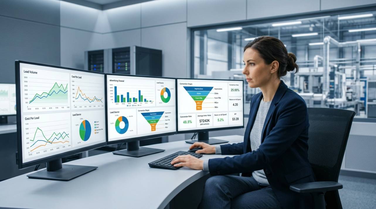 Engenheiro analisando dados de uma campanha de marketing digital em um ambiente industrial, representando a otimização da geração de leads B2B industrial através de tráfego pago e análise de métricas.