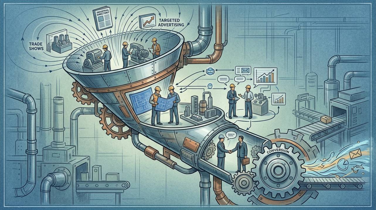 Representação visual do funil de vendas B2B industrial, mostrando as etapas de atração, nutrição e conversão de leads qualificados.