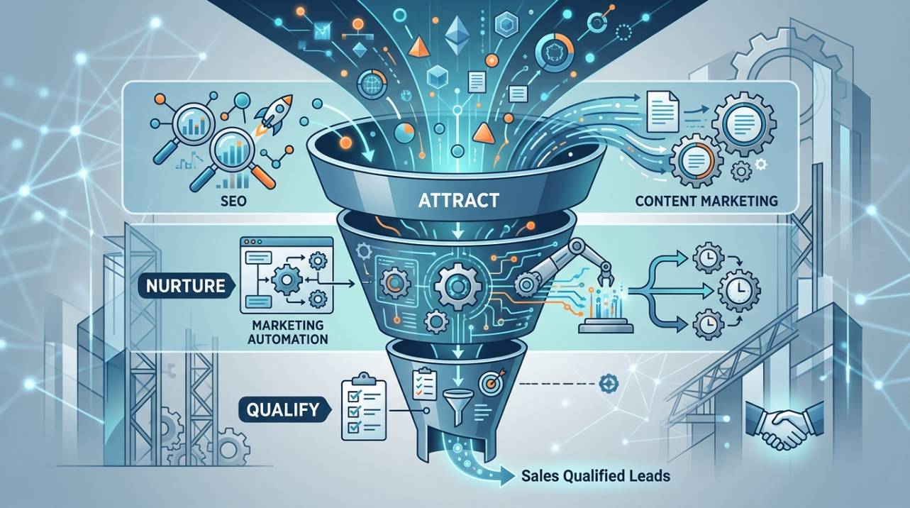 Representação de um funil de vendas B2B digital com foco na geração e qualificação de leads industriais através de SEO, conteúdo e automação de marketing.