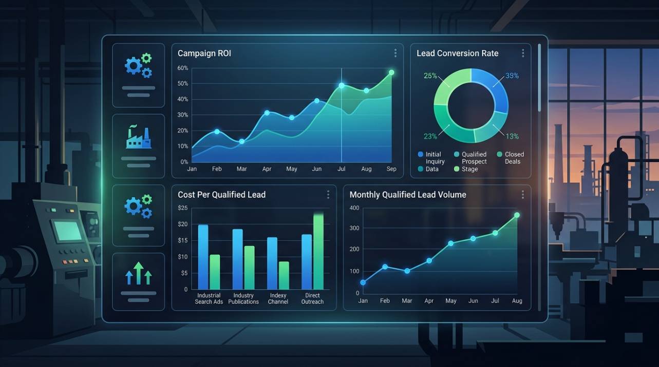 Painel do Google Ads exibindo métricas de performance de campanha para um segmento industrial, com foco em resultados de leads B2B e otimização de campanhas para o setor