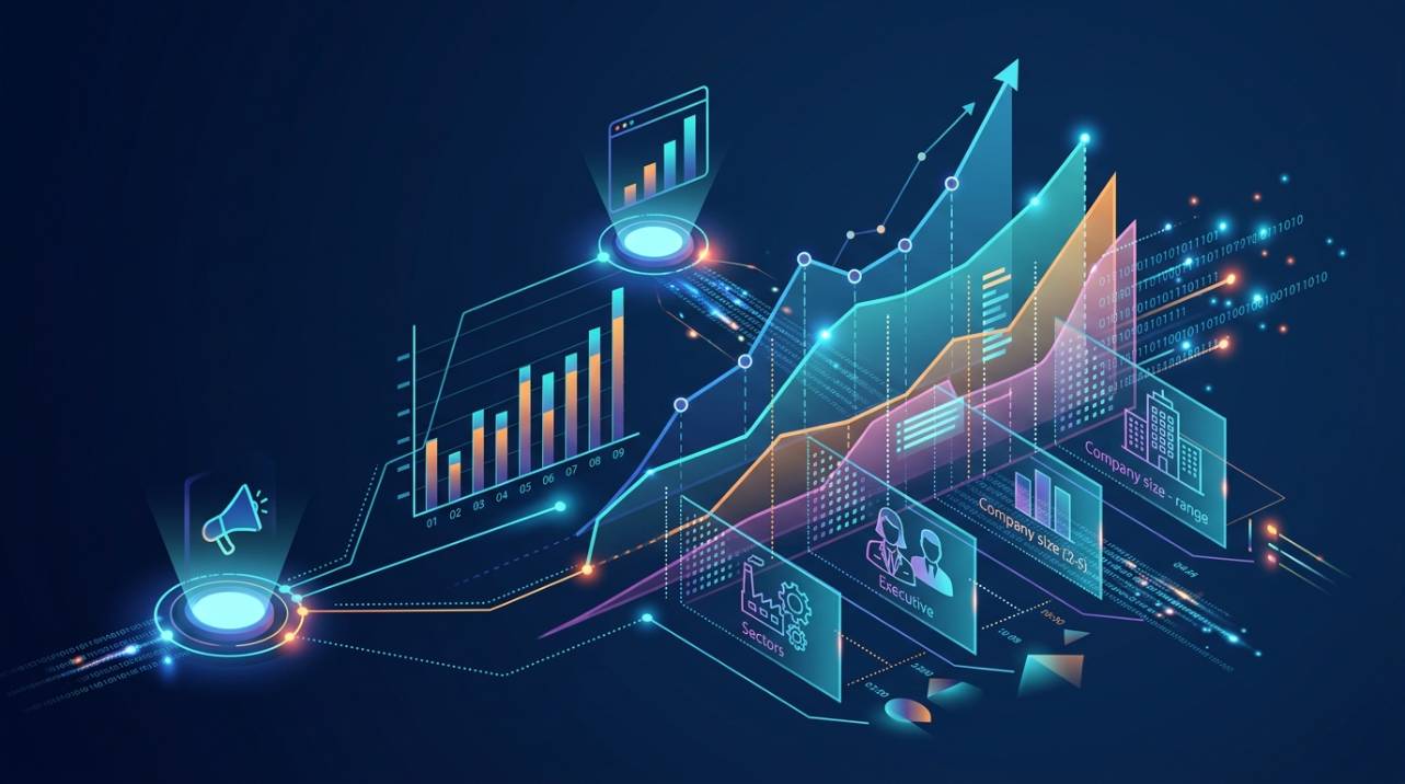 Campanha de tráfego pago segmentada para indústria, mostrando gráficos de performance e segmentação B2B em plataformas de anúncio digital.