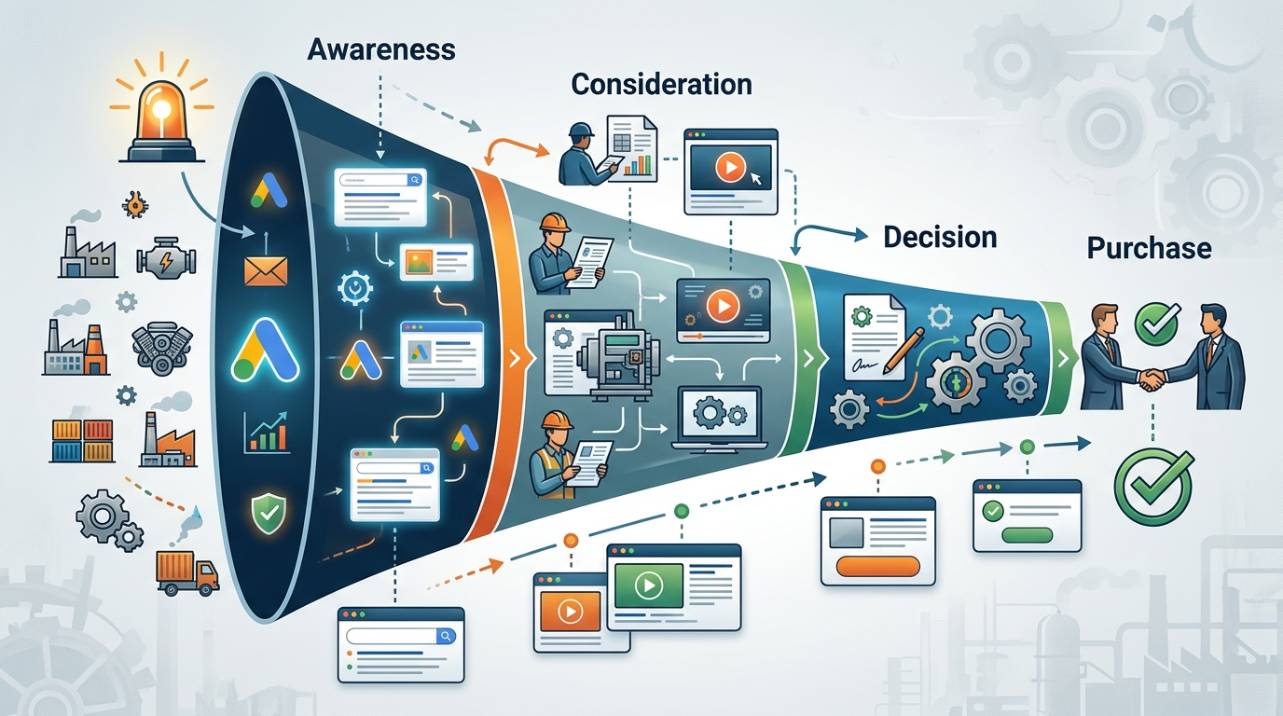 Diagrama de funil de vendas B2B ilustrando a jornada do cliente, desde a conscientização até a decisão de compra, com pontos de contato do Google Ads B2B industrial