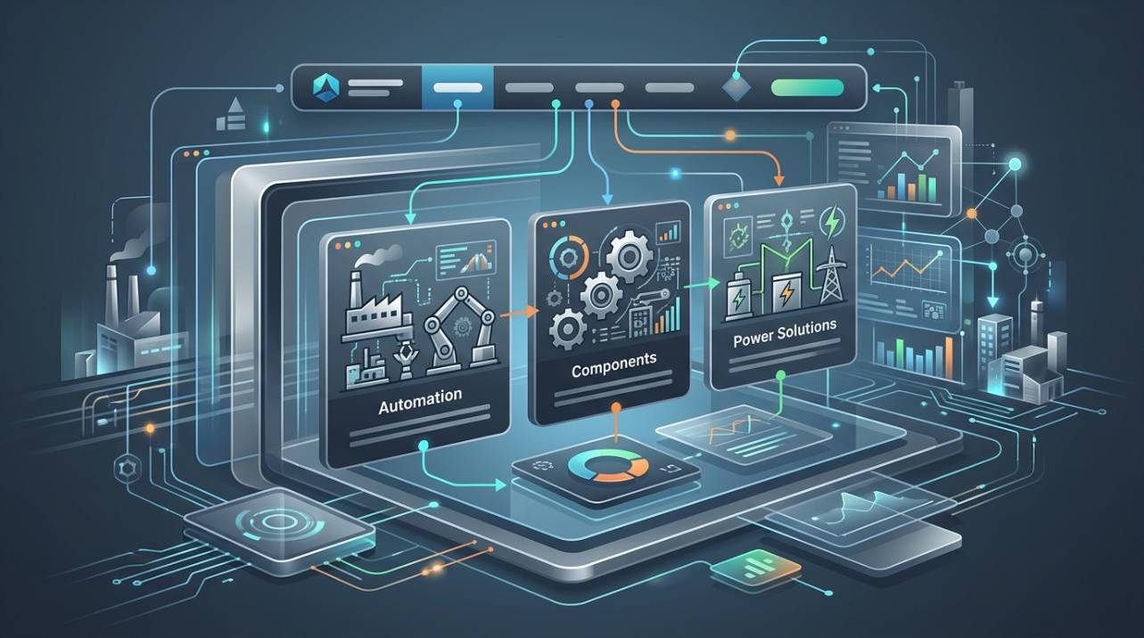Interface de um site industrial moderno com menu intuitivo e seções de produtos, ilustrando a importância da experiência do usuário e do design responsivo para o público B2B.