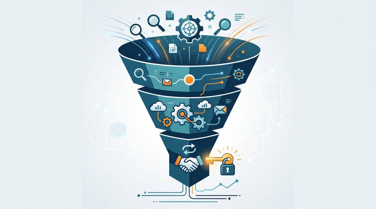 Diagrama do funil de vendas B2B industrial, ilustrando as etapas de atração, nutrição e conversão de leads por meio de um site otimizado.