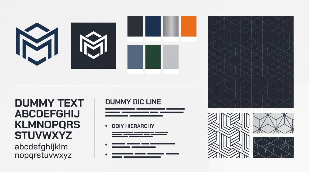 Elementos gráficos de uma identidade visual industrial, incluindo logotipo, paleta de cores, tipografia e padrões visuais aplicados para o segmento B2B.