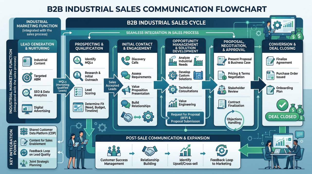 Fluxograma representando o ciclo de vendas e as etapas da comunicação industrial B2B, desde a geração de leads até a conversão, destacando a integração de marketing e vendas.
