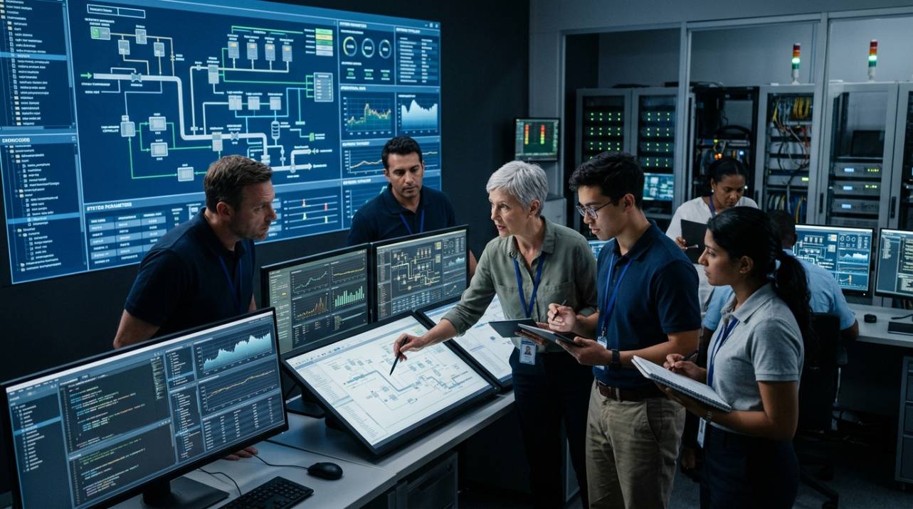 Engenheiros analisando esquemas técnicos em ambiente industrial, ilustrando o público-alvo e a complexidade do marketing técnico para indústria.