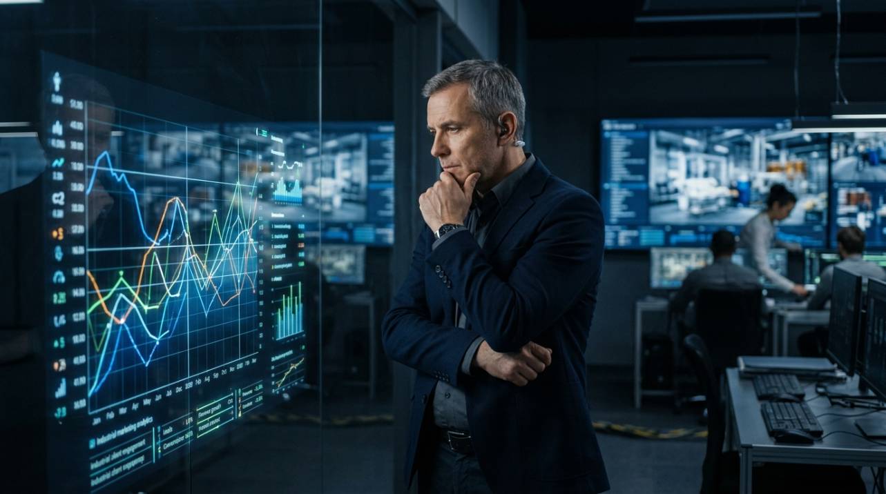 Gestor analisando um gráfico de desempenho digital, simbolizando a análise estratégica de resultados de marketing industrial B2B