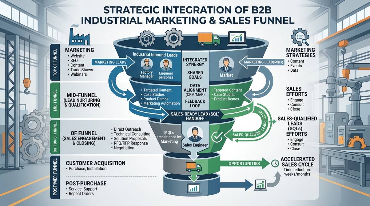 Diagrama ilustrando a integração estratégica entre marketing e vendas para otimizar o funil B2B industrial e acelerar o ciclo de vendas