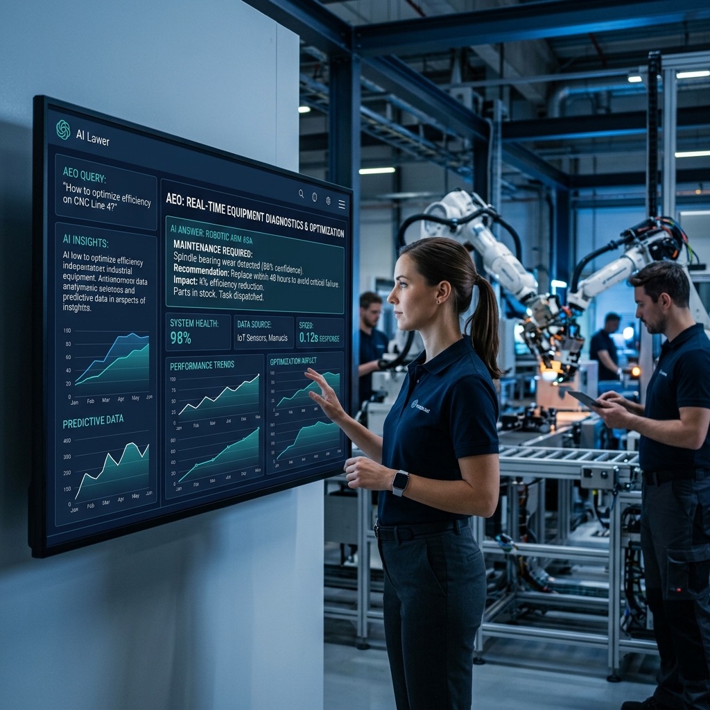 Representação de Otimização para Motores de Resposta (AEO) em ambiente industrial com interfaces digitais de IA.